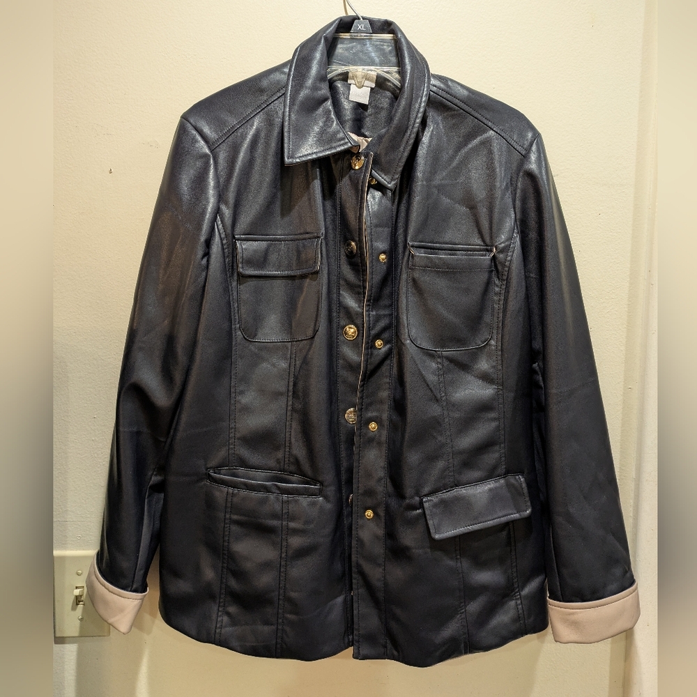 Chicos Size 2 Black Leather Jacket with Button Details